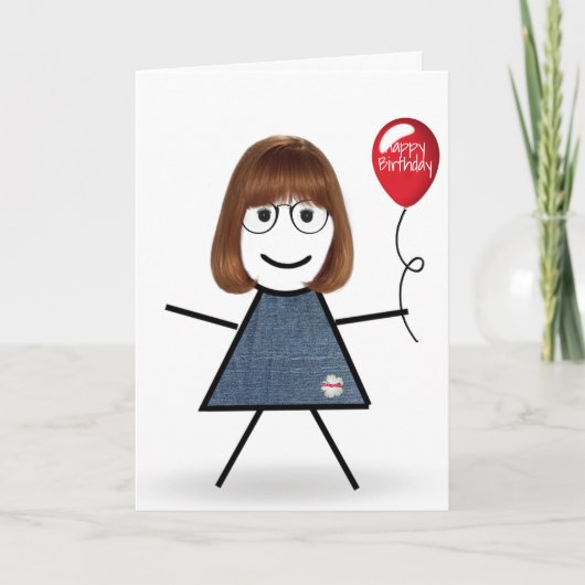 Carte Anniversaire Stick Girl avec Balloon rouge (Devant)