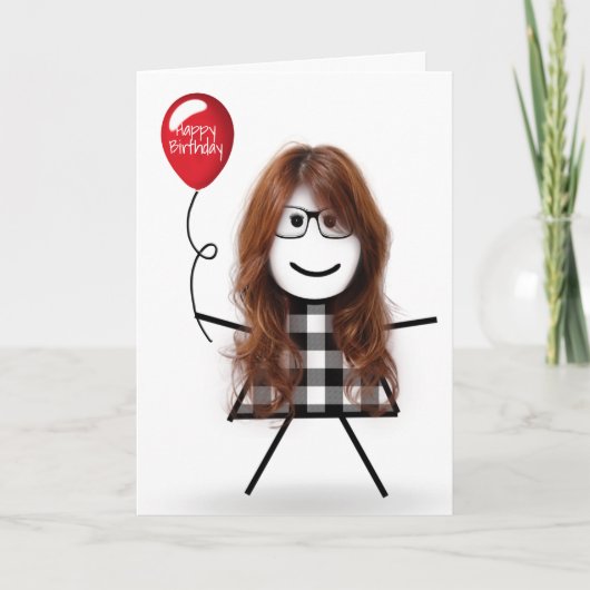 Carte Anniversaire Stick Girl avec Balloon rouge (Devant)