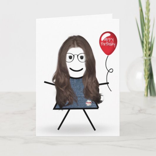 Carte Anniversaire Stick Girl avec Balloon rouge (Devant)