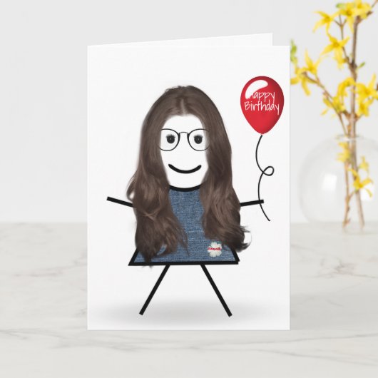 Carte Anniversaire Stick Girl avec Balloon rouge (Fleur jaune)
