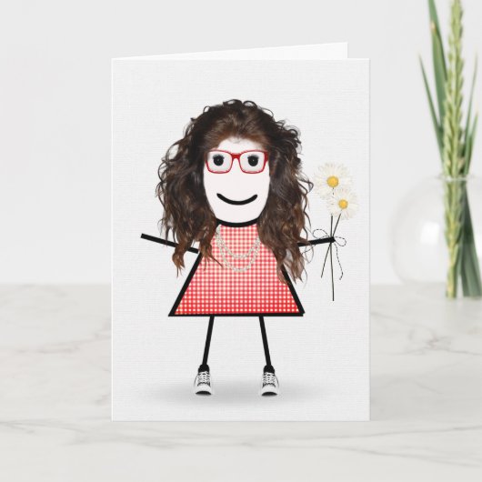 Carte Anniversaire Stick Girl avec marguerites (Devant)