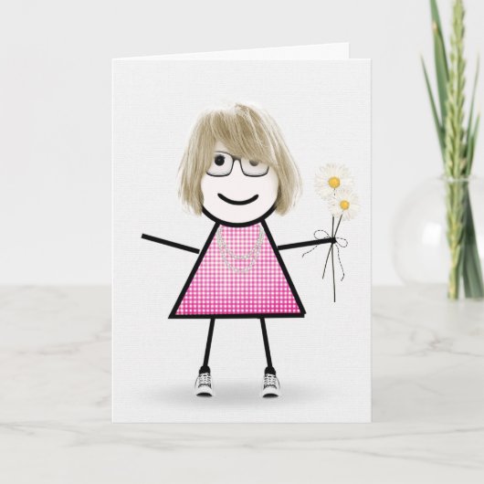 Carte Anniversaire Stick Girl avec marguerites (Devant)