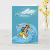 Carte Anniversaire surfer sur vague (Fleur jaune)