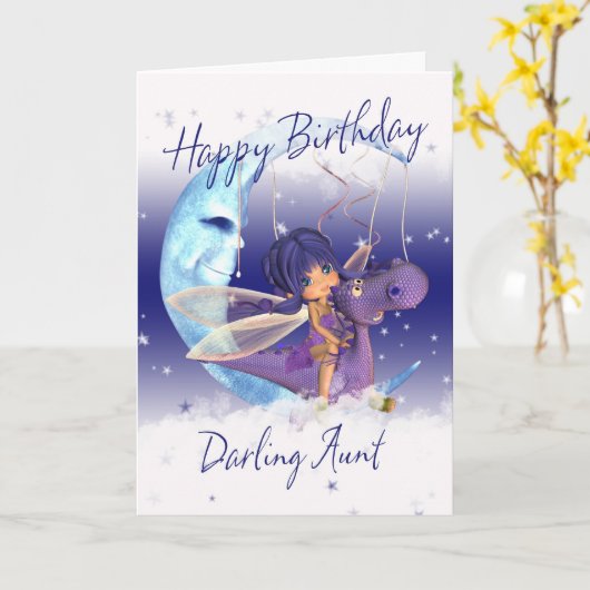 Carte Anniversaire Tante Cute, dragon violet avec (Fleur jaune)