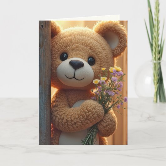 Carte Anniversaire Teddy Ours Avec Bouquet Fleur sauvage (Devant)
