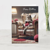 Carte Anniversaire Tricot Chat Dans Ancienne Chaise (Devant)