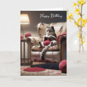 Carte Anniversaire Tricot Chat Dans Ancienne Chaise (Fleur jaune)