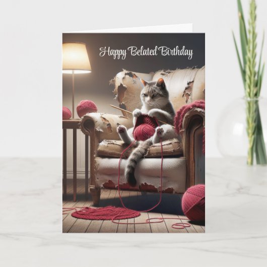 Carte Anniversaire Tricot Chat Dans Ancienne Chaise (Devant)
