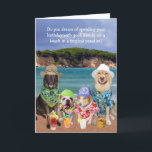 Carte Anniversaire tropical de paradis de chiens drôles<br><div class="desc">Une carte d'anniversaire drôle personnalisable avec Dodger, le chien de Taureau de PB, Waylon et Moïse. Vous pouvez les déplacer si vous souhaitez. Vous pourriez supprimer les boissons drôles. Elles pourraient juste être les boissons de fruit, l'eau minérale et le thé glacé. J'ai pensé qu'elles ont regardé un peu drôles....</div>