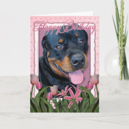 Carte Anniversaire - tulipes roses - rottweiler - Harley (Devant)