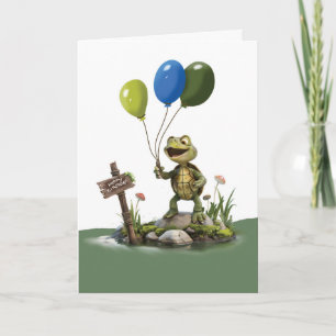 Carte Anniversaire Turtle Whimsical Holding Balloons