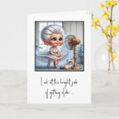 Carte Anniversaire Vielle dame assise devant un ventilat (Fleur jaune)