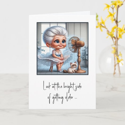 Carte Anniversaire Vielle dame assise devant un ventilat (Fleur jaune)