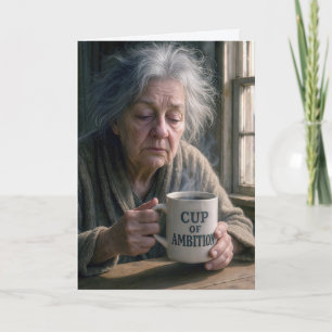 Carte Anniversaire Vielle Dame avec Steaming Cup of Coff