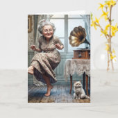 Carte Anniversaire Vielle dame dansant à un Gramophone (Fleur jaune)