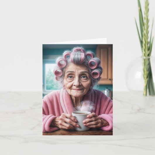 Carte Anniversaire Vielle Dame En Curlers Roses (Devant)