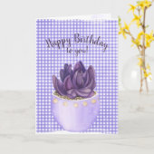 Carte Anniversaire Violet Pot Succulent sur En vichy (Fleur jaune)
