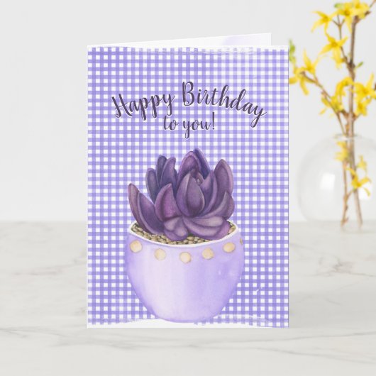 Carte Anniversaire Violet Pot Succulent sur En vichy (Fleur jaune)