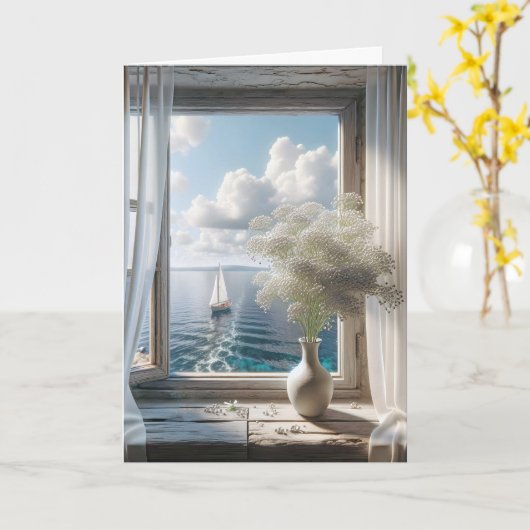 Carte Anniversaire Voilier Vue Dans La Fenêtre (Fleur jaune)