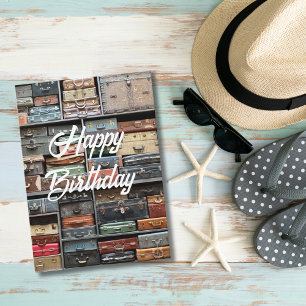 Carte Anniversaire Voyage Vintage Valises Coloré Élégant