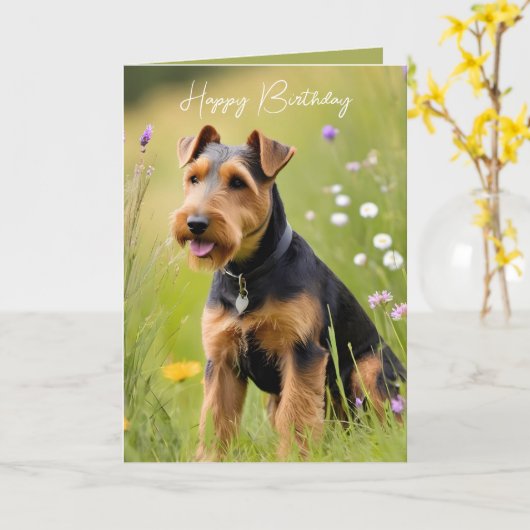Carte Anniversaire Welsh Terrier (Fleur jaune)