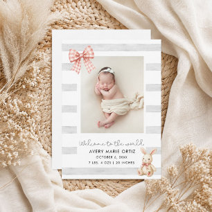 Carte Annonce de naissance photo de lapin avec noeud en