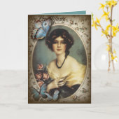 Carte Antique papillon Floral parisien fille victorienne (Fleur jaune)