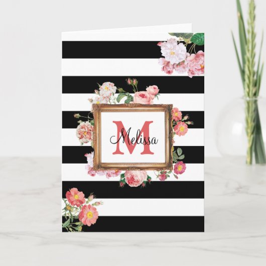 Carte Antique Vintage Floral & Stripes Monogramme (Devant)