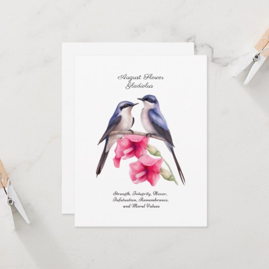 Carte Août Mois de naissance Gladiolus à fleurs avec ois (Devant/Arrière en situation)