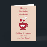 Carte Apricot Café & Amis voeux d'anniversaire<br><div class="desc">Personnalisez cette carte de voeux d'anniversaire avec un nom et changez l'autre texte si vous préférez. Conçu en abricot et rouge avec une tasse de café et les coeurs d'amour. Pour un amoureux du café bon ami.</div>