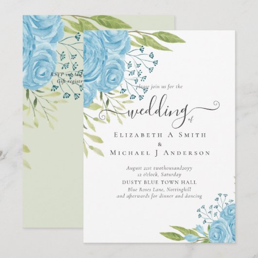 Carte Aqua Blue Floral Mariage (Devant / Derrière)