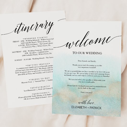 Carte Aqua Gold Beach Mariage Bienvenue Lettre & Itinéra