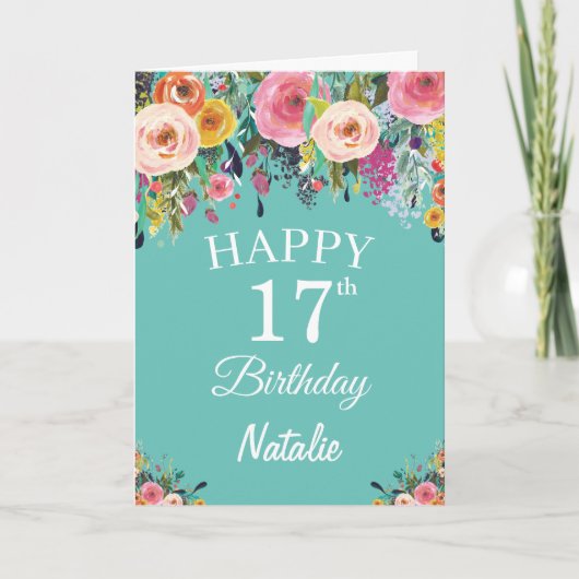 Carte Aquarelle 17e anniversaire Fleurs florales Turquoi (Devant)