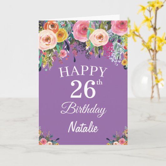 Carte Aquarelle 26e anniversaire Fleurs florales Violet (Fleur jaune)
