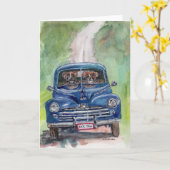 Carte aquarelle 2 Boxeurs conduisant un vieux camion (Fleur jaune)