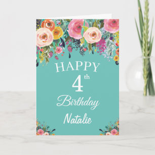 Carte Aquarelle 4e anniversaire Fleurs florales Turquois