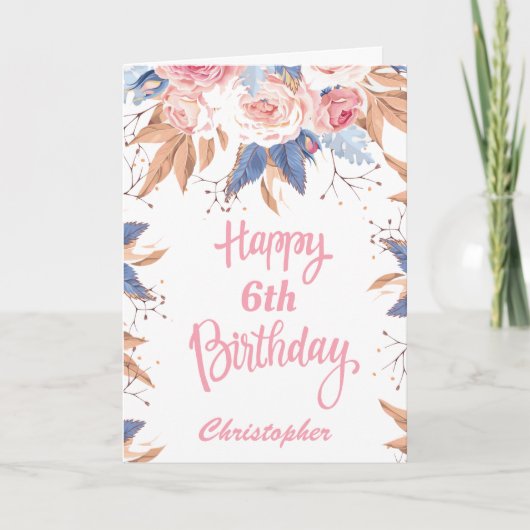 Carte Aquarelle 6 Anniversaire Botanique Rose Floral (Devant)