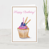 Carte Aquarelle Anniversaire Berry Cupcake Avec Bougie (Devant)