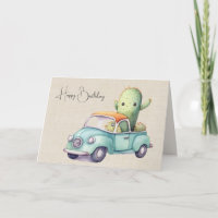 Aquarelle Anniversaire Cactus En Camion Rétro