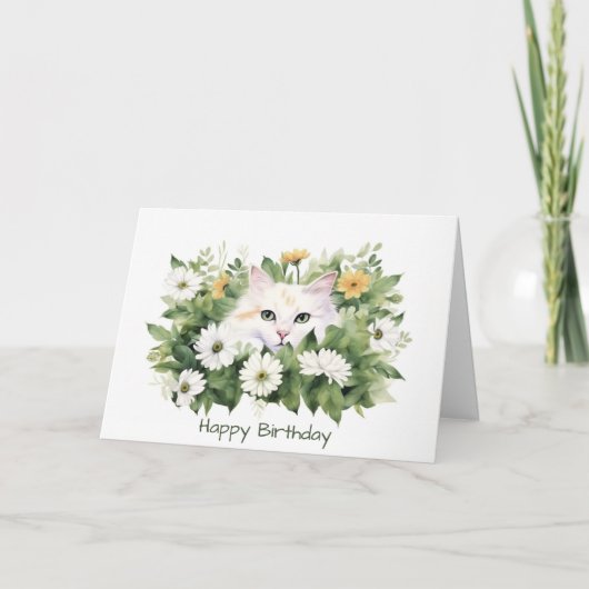 Carte Aquarelle Anniversaire Chat Dans Les Marguerites (Devant)