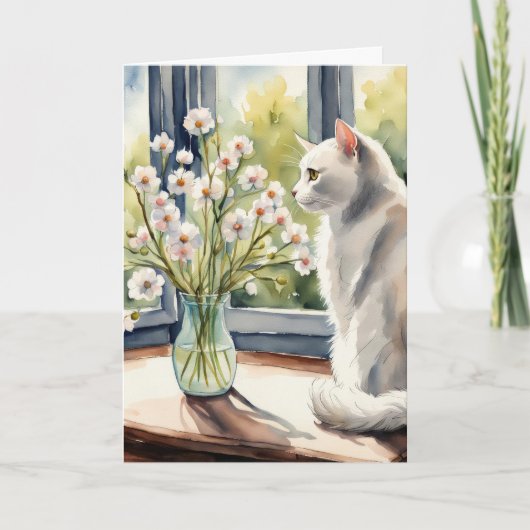 Carte Aquarelle Anniversaire Chat et marguerites (Devant)