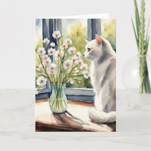 Carte Aquarelle Anniversaire Chat et marguerites