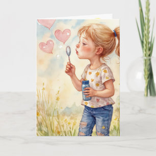 Carte Aquarelle Anniversaire Fille soufflant des bulles
