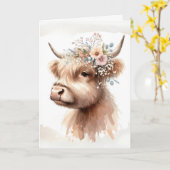 Carte Aquarelle Anniversaire Vache Highland (Fleur jaune)