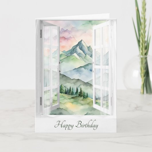 Carte Aquarelle Anniversaire Vue Montagne dans la fenêtr (Devant)