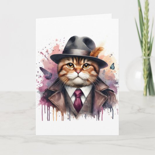 Carte Aquarelle Art Chat en costume Cravate Veste Casque (Devant)