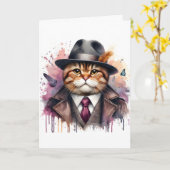 Carte Aquarelle Art Chat en costume Cravate Veste Casque (Fleur jaune)