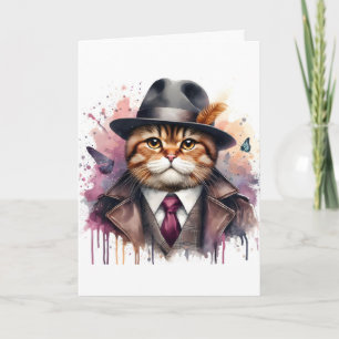 Carte Aquarelle Art Chat en costume Cravate Veste Casque