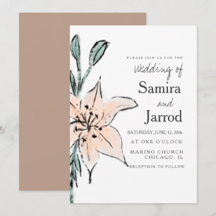Carte Aquarelle Art Linéaire Floral Lys Mariage Encre