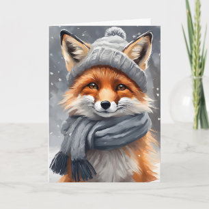 Carte Aquarelle Art Renard rouge en blanc Casquette et É